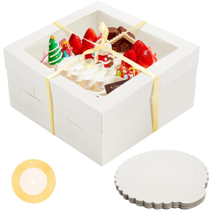 10 PCS White Cake Boxes Window Boards Ribbon Pasteles Dessert 12x12x6 Inch