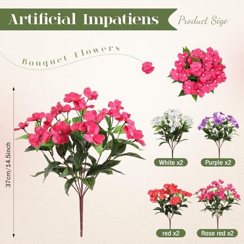 Bundles Artificial Impatiens Flowers Faux Silk Plant for 8 Redwhitepurplerosy gallery