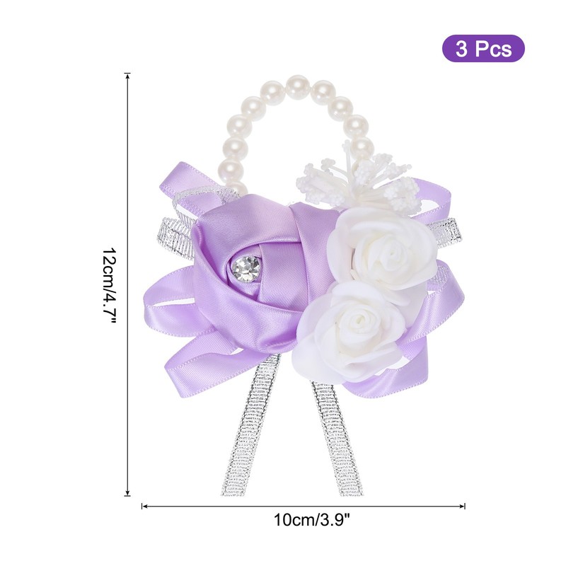 3Pcs Wrist Corsage Artificial Flower Bracelet Rose Wrist Decorative Light Purple gallery