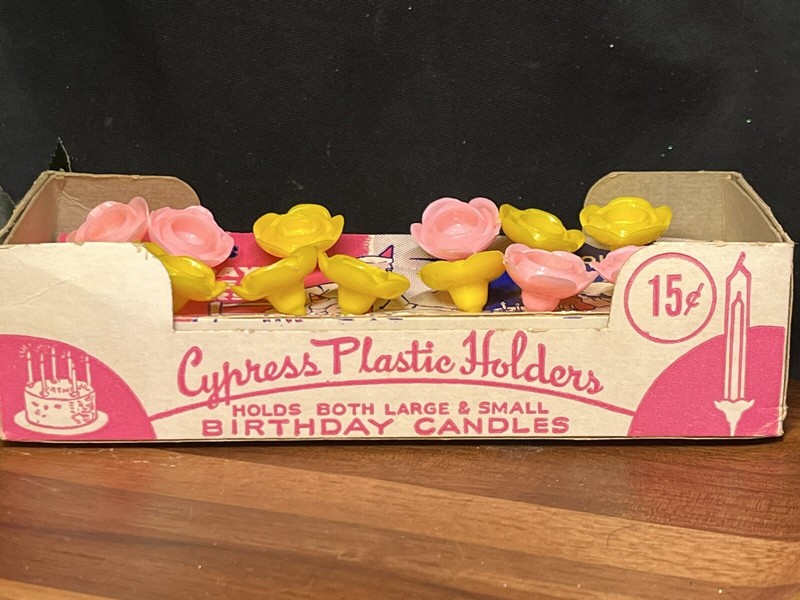 13pc Vintage CYPRESS Birthday Candle Holders ;Yellow & Pink -1950s Cake Decor gallery