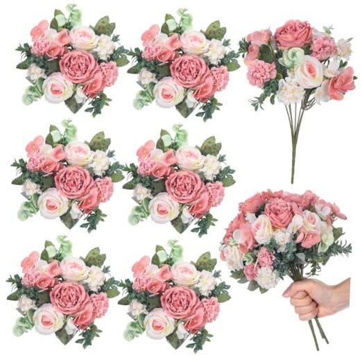 6 Pcs Artificial Peony Silk Florals Fake Mix Silk Peony Rose Faux Light Pink