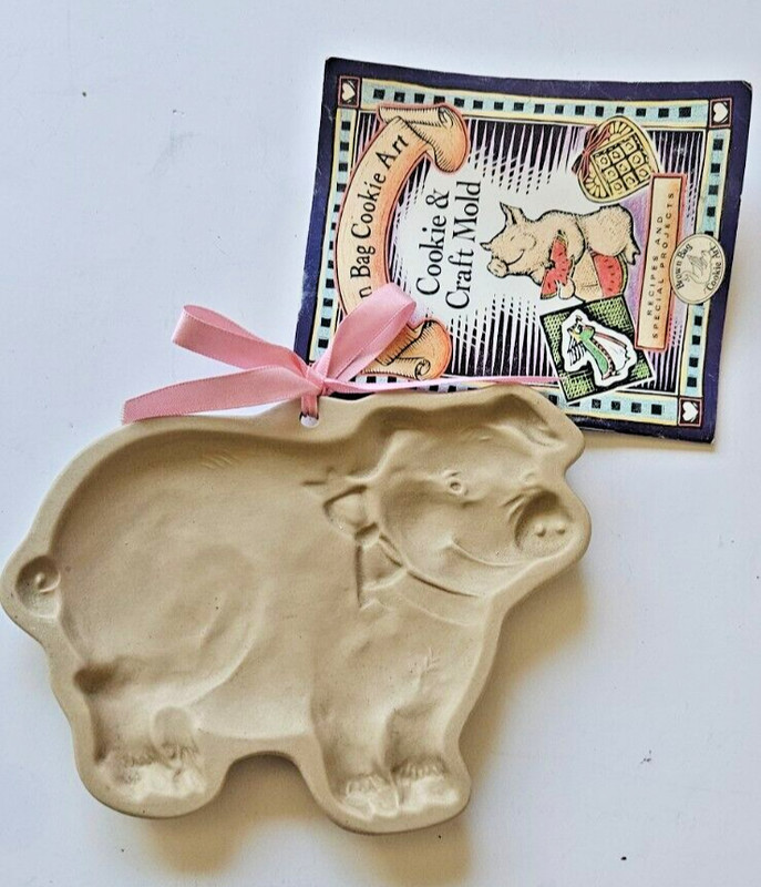 Vintage 1984 Brown Bag Cookie Art Pig Mold Pottery Hill Design with Booklet LOOK