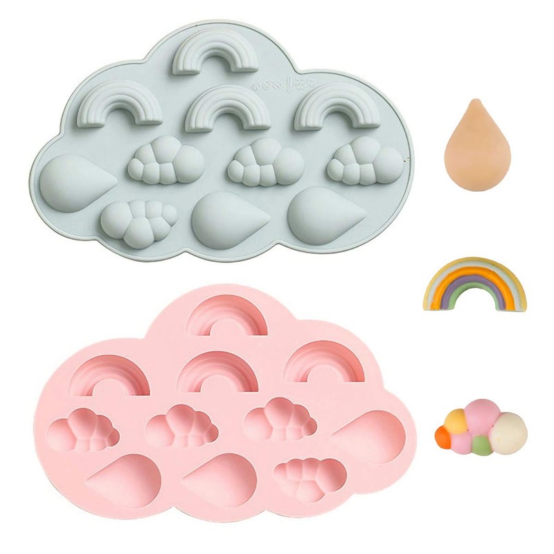 2Pcs Rainbow Cloud Raindrop Chocolate Candy Silicone Molds, Rain Theme Gray