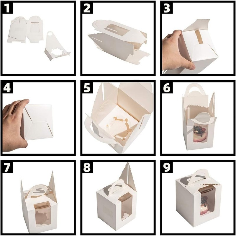 25 Pcs Single White Cupcakes Containers Gift Boxes With Window Inserts Handle Fo gallery