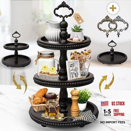 3-in-1 Wooden Tiered Tray Stand – Beaded 3 Tiered Tray Decor – 3-Tier Black