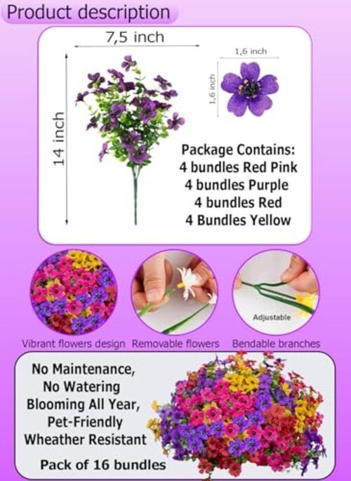 Artificial Flowers for Outdoors Fake 14 Mixed, 4 Colors Red Pink Purple Yellow gallery