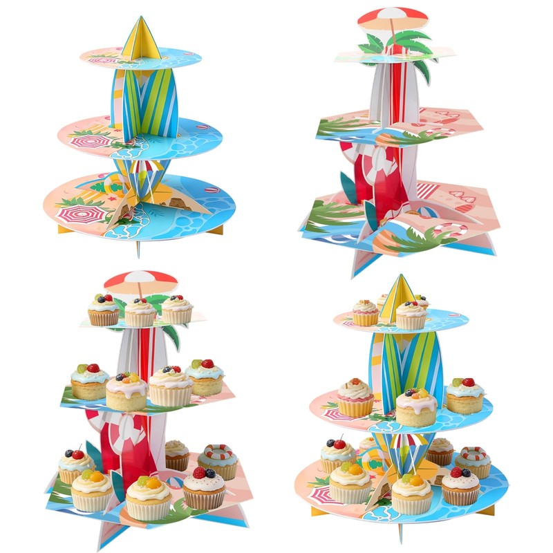 4PCS Summer Beach Luau Hawaiian Cupcake Stand, 3 Tier Tropical Surfboard Them…