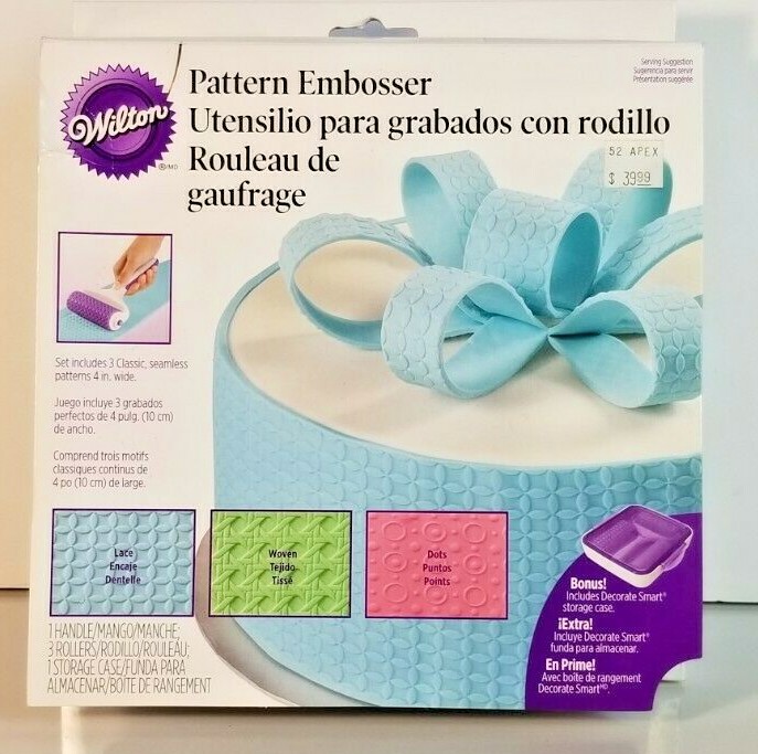 Wilton Pattern Embosser Cake Decorating 5 piece set Three Rollers Handle & Case