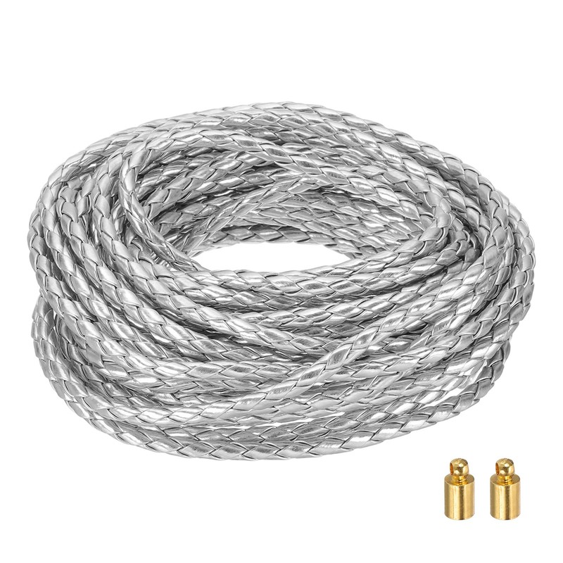 Braided Leather Cords, 8.7 Yard Strap with Cord Lock, 4mm Dia, Silver