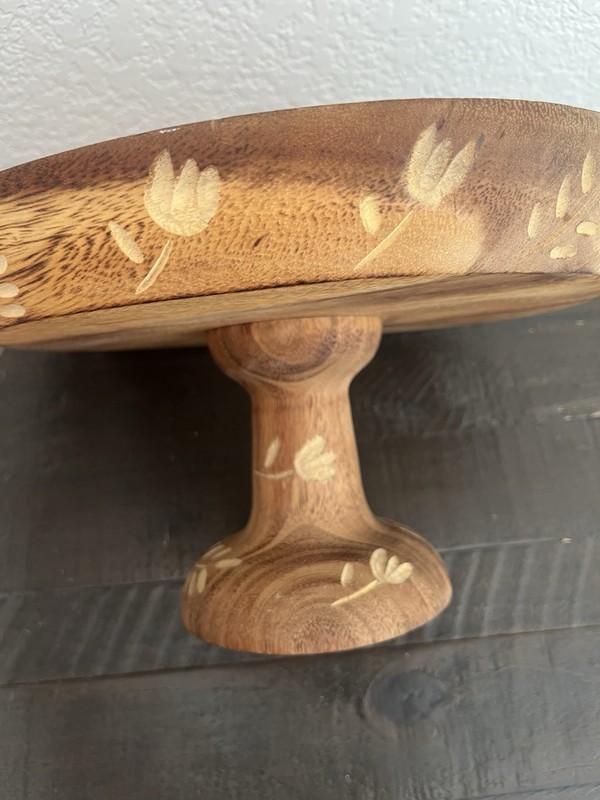 Hand carved Round Wood Pedestal Cake Stand gallery