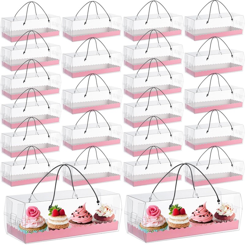 24 Pcs Mother’s Day Treat Boxes 4 Count, Pink Clear Cupcake Box with Handle 1…