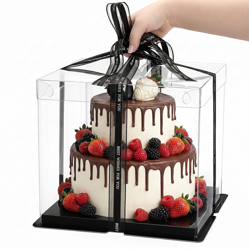 6 Pack Clear Cake Box with Ribbon, 2-Layer Tall Cake Carrier Box, Packaging B... gallery