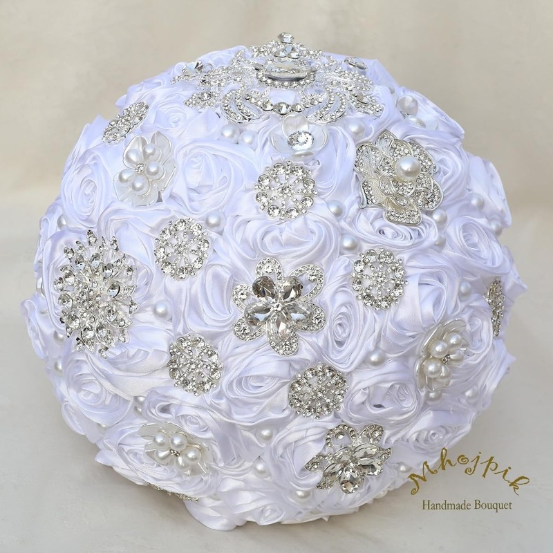 Mhojpik Bridal Wedding Bouquet Round Bling Brooch Bouquet Artificial Rose gallery