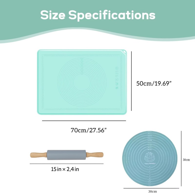 2-Piece Silicone Baking Mat Set with Rolling Pin, Extra 28"L x 20"W, Blue gallery