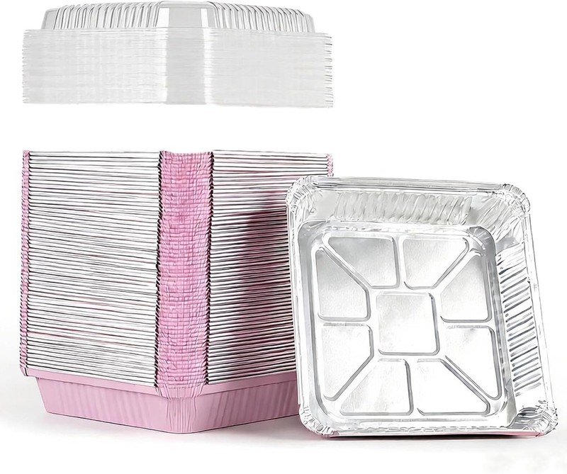 40 Pack 8×8 Aluminum Foil Baking Pans with Lids Pink Disposable