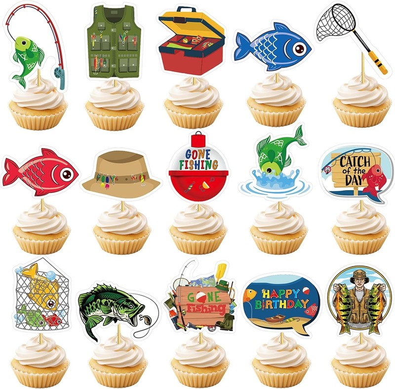 48 Pcs Fishing Cupcake Toppers – Upgrade Designed Birthday Party Cupcake Picks