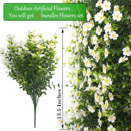 Grunyia Outdoor Artificial Flowers UV Resistant & Fade Proof, 12 Pack White gallery