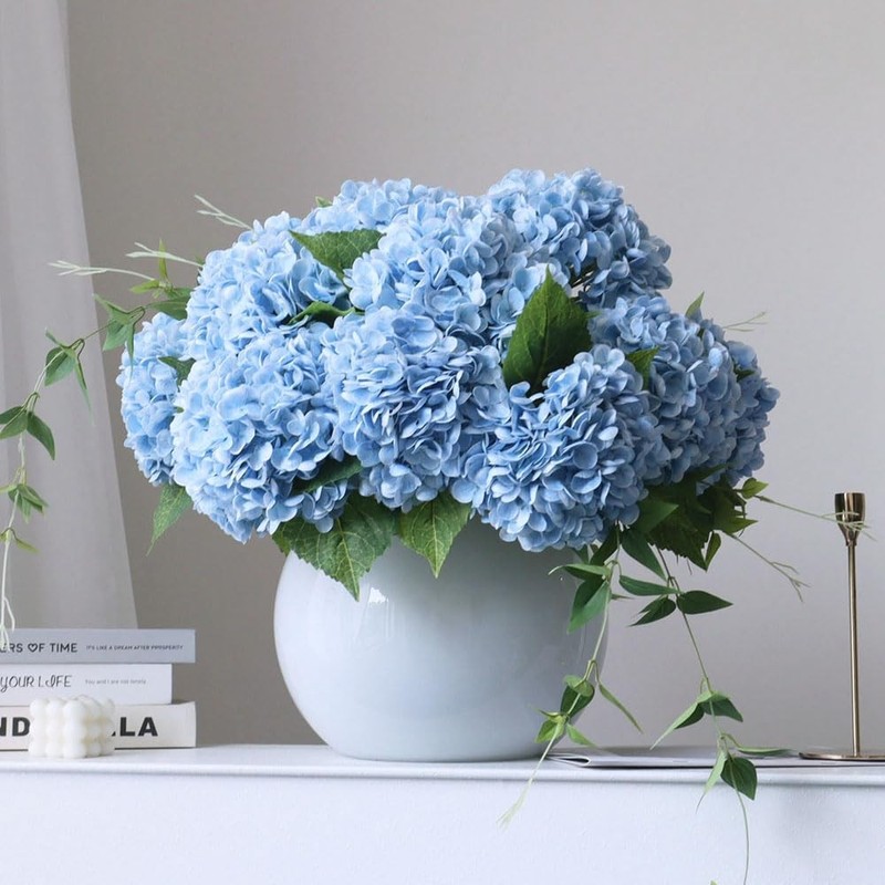 Grtefhu 4Pcs 21 Faux Blue Hydrangeas Artificial Flowers Real Touch Silk