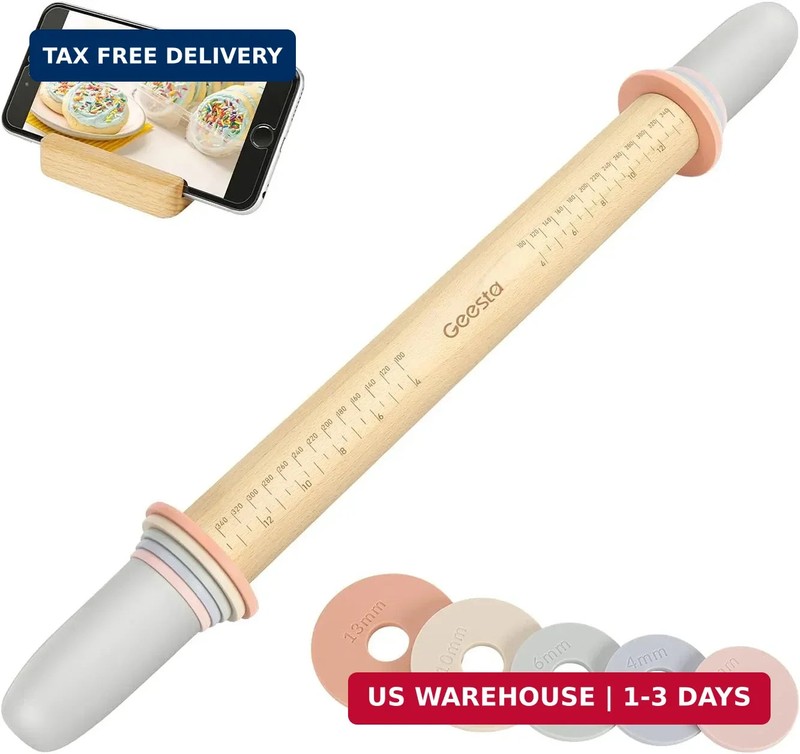 Adjustable Wood Rolling Pin with 5 Thickness Rings, Precise Dough Roller Handle