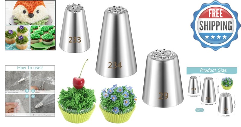 3PCS Stainless Steel Grass Piping Tips for Cake Decorating - Sizes 233, 234, 29 gallery