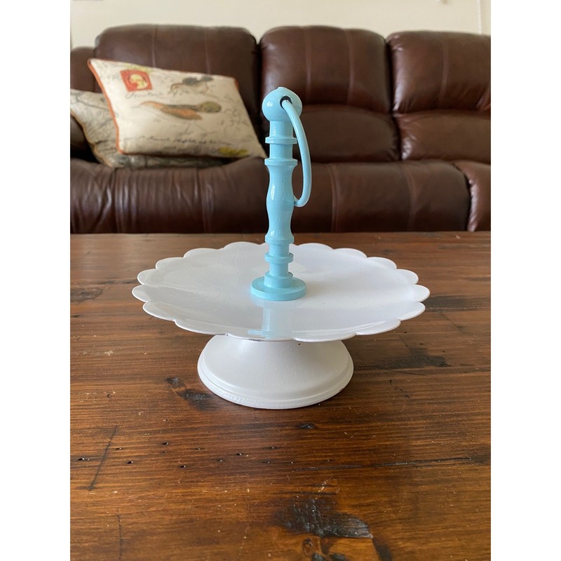 White Scalloped Metal Cupcake Stand with Blue Handle Pedestal Dessert Server 8in