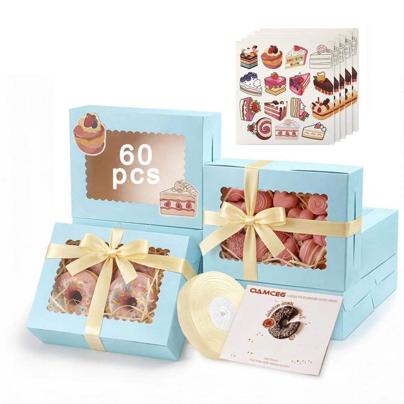 60 Pack Cookie Boxes with Window, 8x6x2.5 Inch Bakery Treat Boxes for Christm…