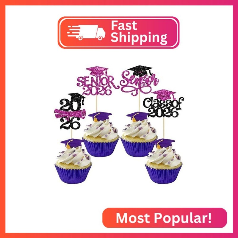 Gyufise 24Pcs 2026 Senior Graduation Cupcake Toppers with Glitter Senior Class o