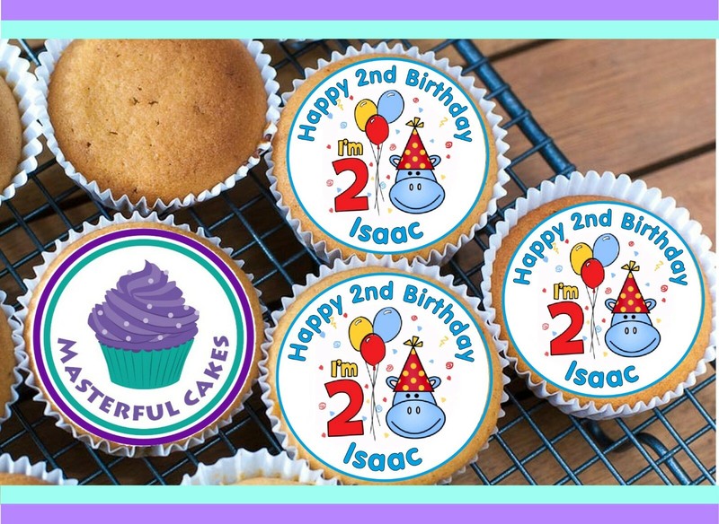24 PERSONALISED 2nd BIRTHDAY EDIBLE RICE PAPER CUP CAKE TOPPERS FOR BOY