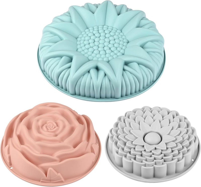 3Pcs Flower Silicone Cake Molds, Rose Chrysanthemum Sunflower Shapes