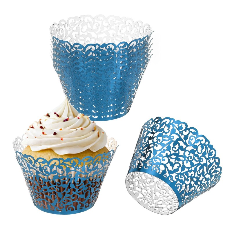 50Pack Cupcake Wrappers Paper Baking Cups Vine Decor Reflective Blue