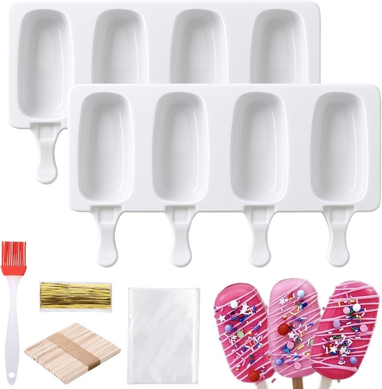 Juome Cake Pop Mold Kit, 2 Pack 8 Cavities Cakesicle Molds Silicone with 100
