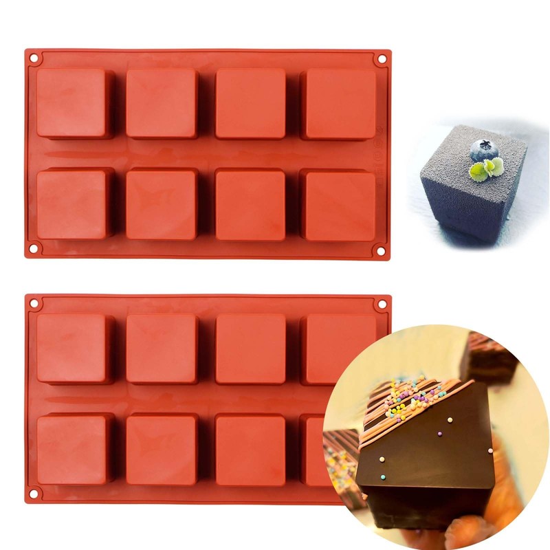 Large Square Silicone Molds, 2 Pack Candy Cake Mould, 8-Cavity Chocolate Mold
