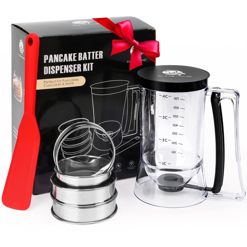 FUNGYAND Pancake Batter Dispenser, 4-Cup Set with Muffin Rings & Spatula - Id...