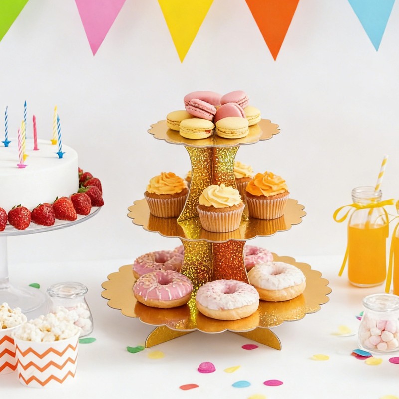 3-Tier Cupcake Stand, Cardboard Cake Stand Dessert Table Displays, Laser Gold gallery