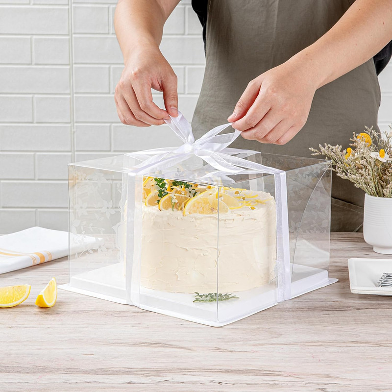 10" Clear Cake Boxes with Gray Ribbon - Floral Design, 10 Pack, Grease-Free gallery