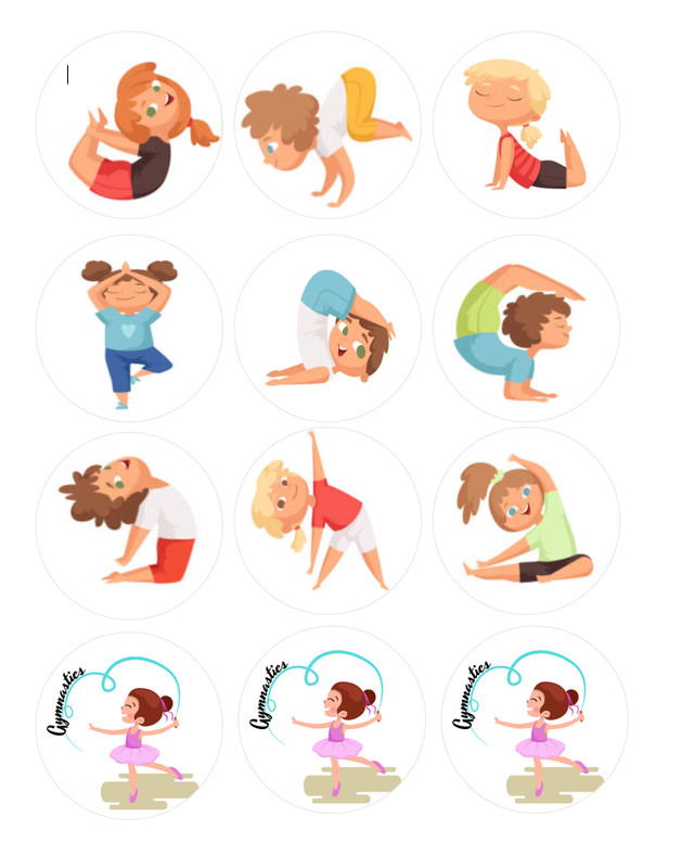 Set of 12 Kids Gymnastics Edible Image rounds, Wafer paper, pre cut