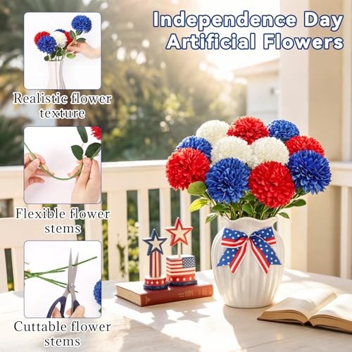 12 Pcs Artificial Chrysanthemums Flowers Patriotic Flower, 4th of July Fake gallery