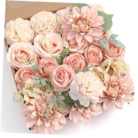 Artificial Flowers Combo Box Set Gradient Color Flower Leaf with Stems Peach