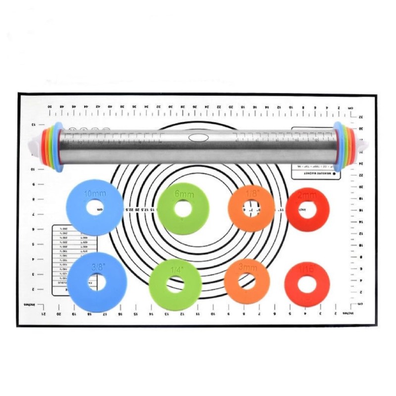 Black Stainless Steel Dough Rolling Pin Adjustable Rings Silicone Mat Set