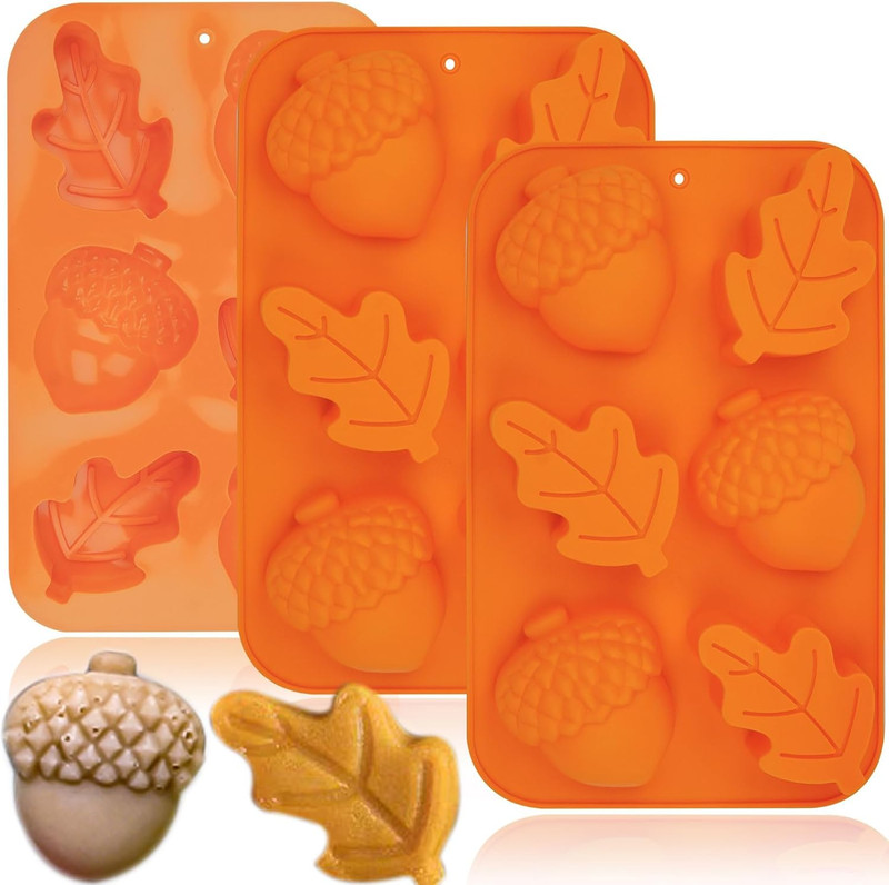 3-Pack Acorn and Leaf Silicone Chocolate Molds, 3D Fall & Thanksgiving Candy, Ba