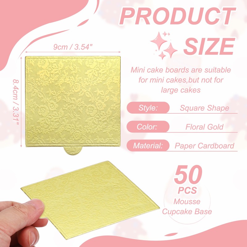 50 Pcs Mini Cake Boards, 3.5 Inch Square Mousse Cake Base, Floral Gold gallery