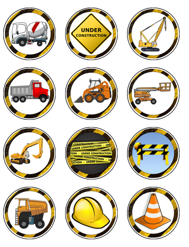 Construction Theme Edible Icing Cupcake Toppers – Vehicles & Trucks Party Decor