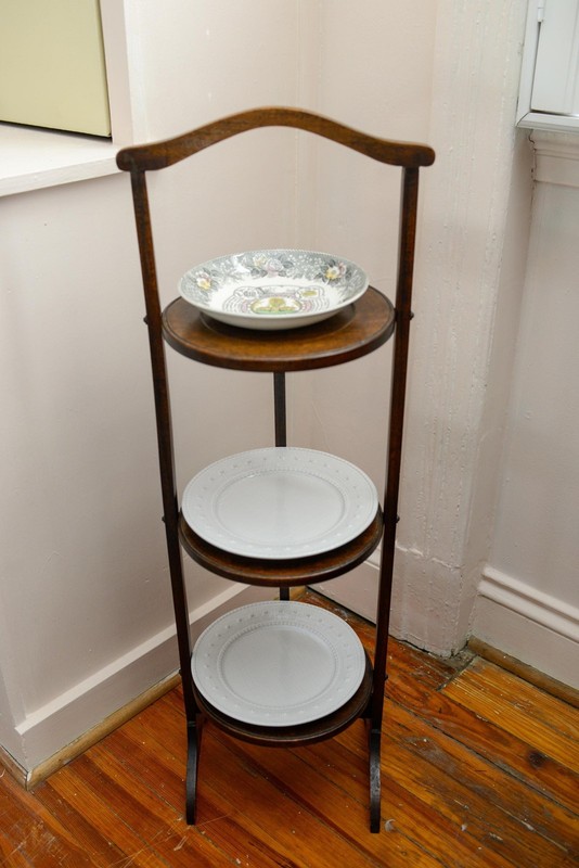Oak Edwardian English Tilting Muffin Cake Stand Folding Server gallery