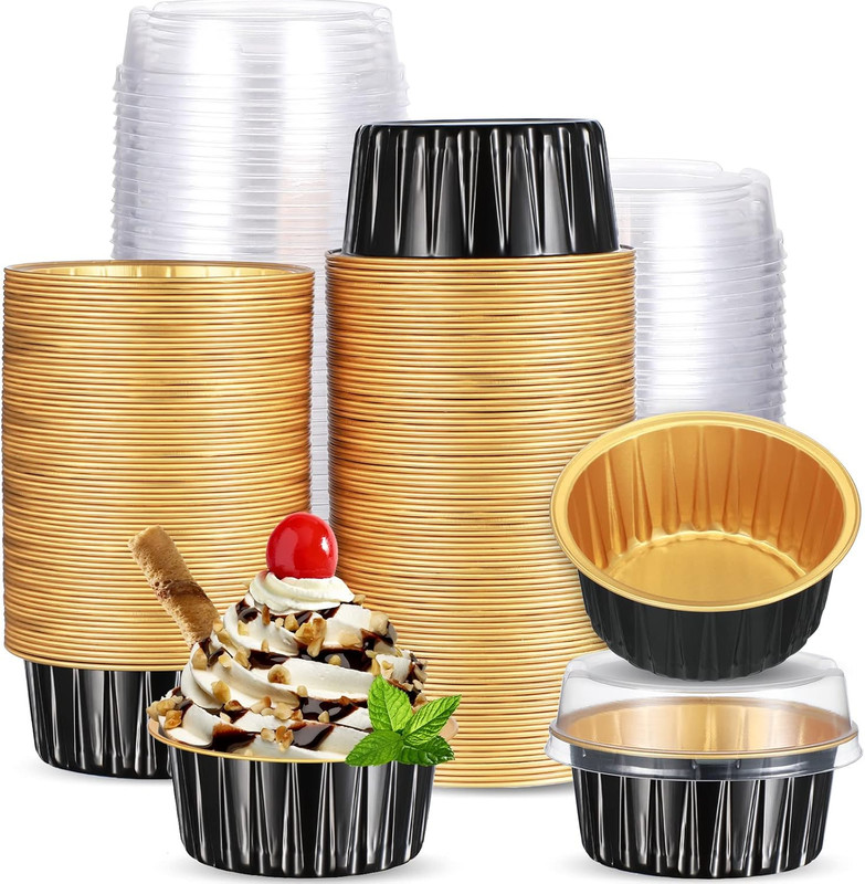 150 Count Aluminum Foil Baking Cup Disposable Ramekins with Lids 5Oz Mini Cupcak