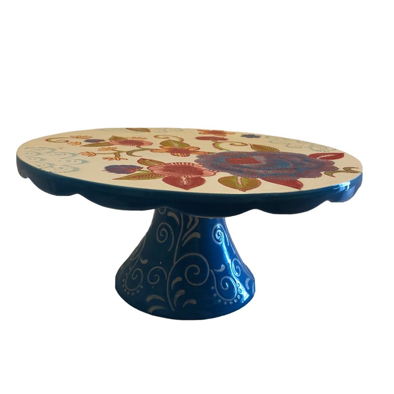 Floral Cake Plate Serving Stand 9.5 x 5.5″ Scalloped Edge Blue Flowers Boho