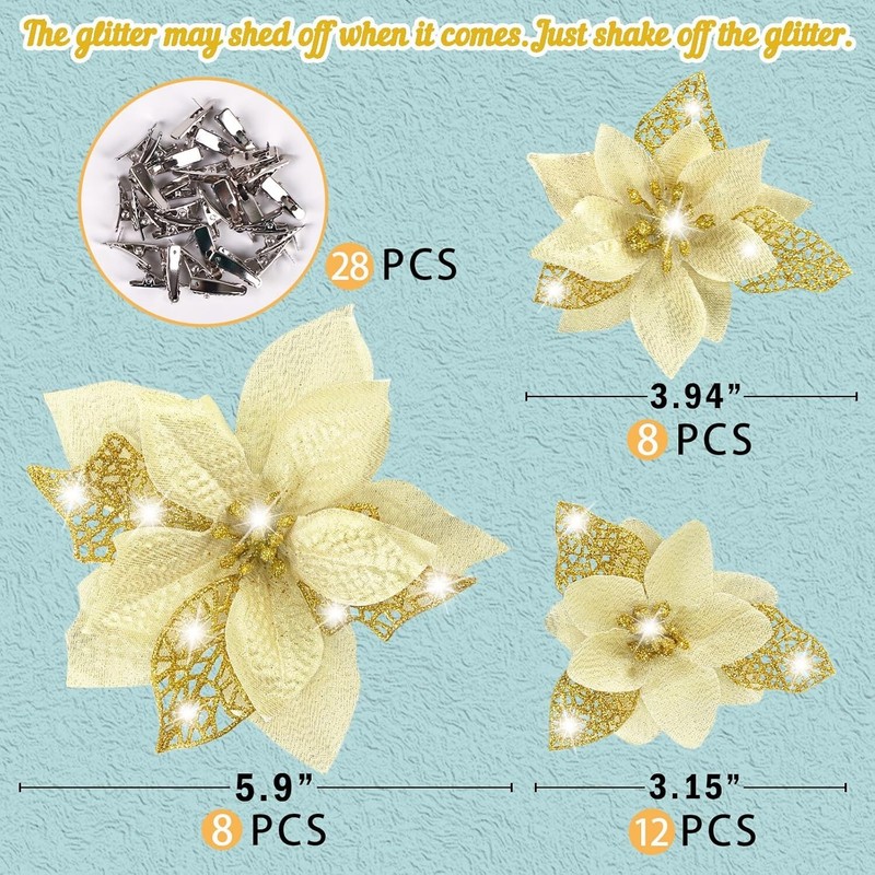 28PCS Gold Glitter Poinsettia Flowers with Clips for Christmas Tree Decorations gallery