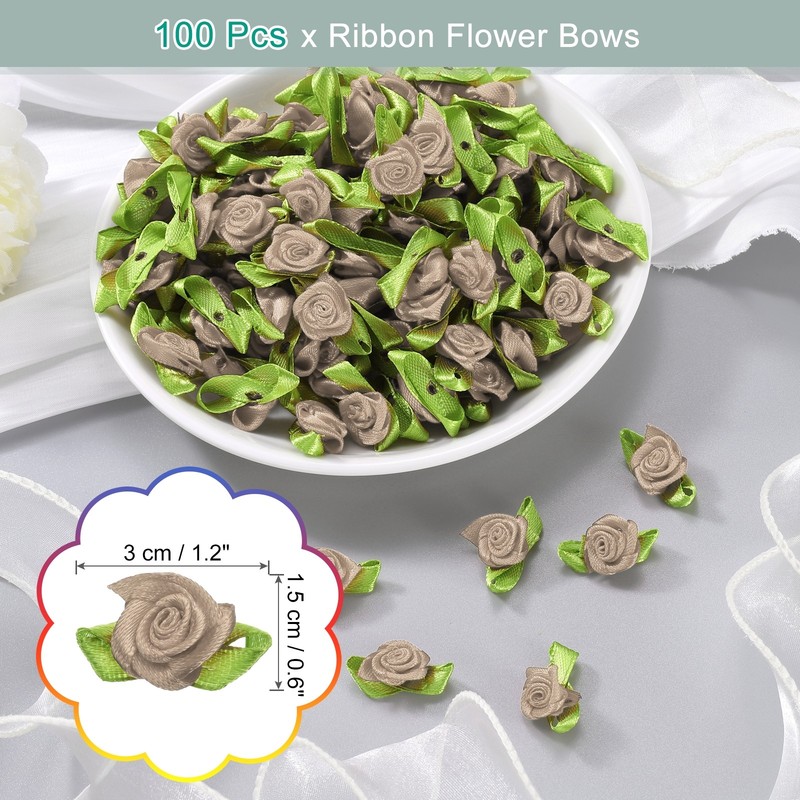 100 Pcs Mini Ribbon Roses Flowers Bows for Crafts, 15mm/0.6" Dia, Light Brown gallery