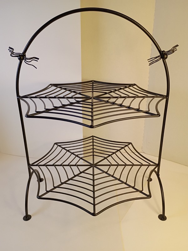 Halloween Black Metal Wire Spiderweb 2 Tier Tidbit Tray Dessert Cake Stand