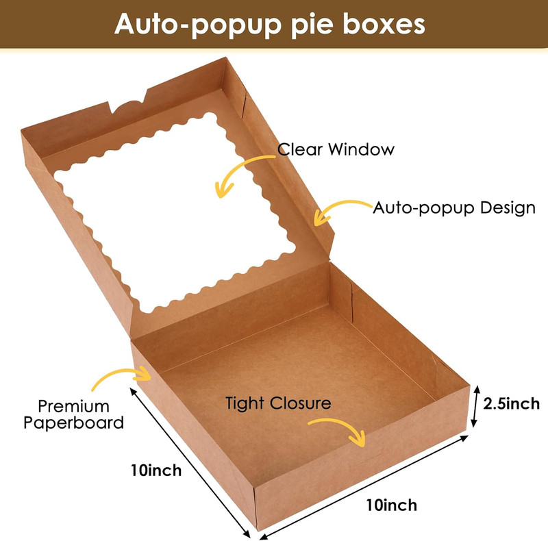 Moretoes 5pcs Pie Boxes, 10x10x2.5 Bakery Boxes with Window, Auto-Popup Brown Ba gallery