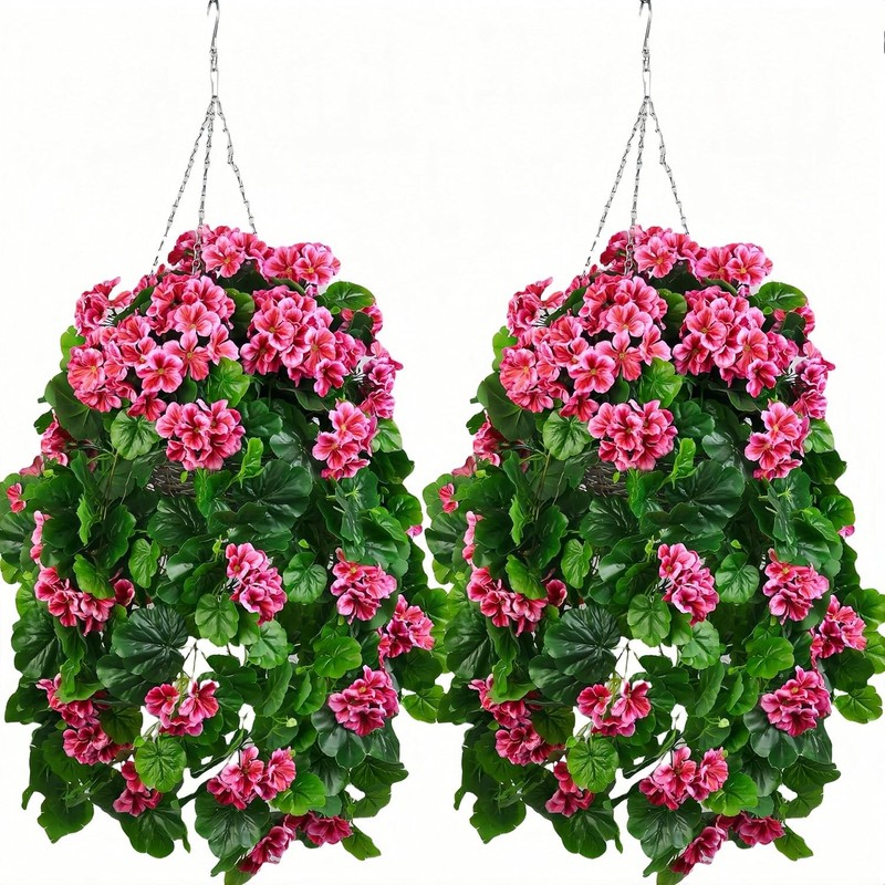 2PCS Fake Hanging Plants with Pink ranium Flowers – 31in Fake Hanging